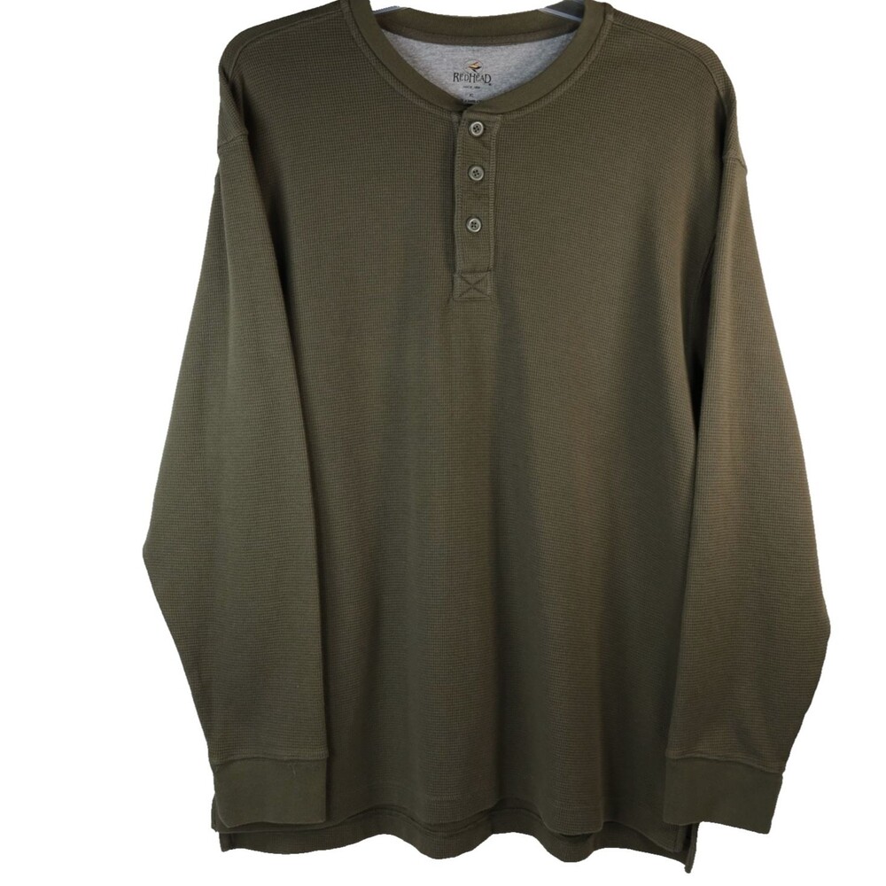 RedHead Thermal Henley Shirt Mens XL Olive Green Waffle Knit Long Sleeve Cotton